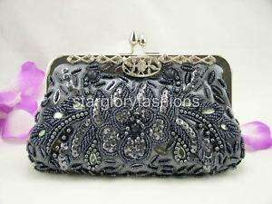 Silver Gray Beaded Sequin Evening Clutch Crystal Frame  