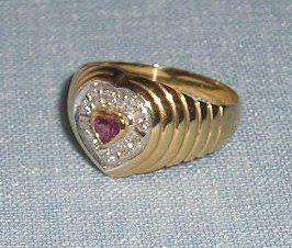   Gold Heart Ring w Ruby and Ten Diamonds 3.0 grams size 6 1/2  