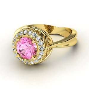   Ring, Round Pink Sapphire 14K Yellow Gold Ring with Diamond: Jewelry