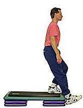 Standing on a step, step down with front leg, bending at hips and knee 