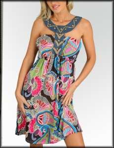 WOMENS DRESS Egyptian style halter beaded paisley print S M L  