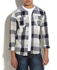 Blue (Blue) Blue Check Hooded Shirt  239766540  New Look