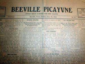 1913 newspapers BEEVILLE PICAYUNE Texas 100 years old  