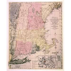  New England 1780 Antique Print   Historic American Reproduction Map 