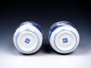 Pair Blue&White Mountains Scenery Painted Mini Vases  