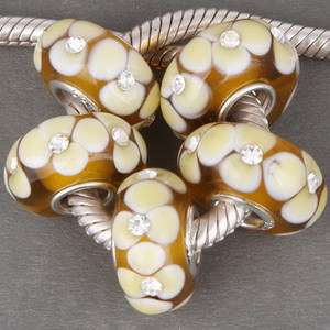 Flower Handmade Glass Bead W/ CZ Fit Bracelet F1396  