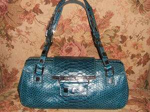 CHARLES DAVID Teal Blue Snake Embossed Satchel Handbag Purse w/ Silver 