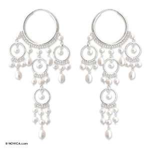  Pearl earrings, White Ruffled Hoops 2.6 W 5.1 L 