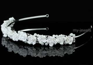 Bridal Wedding White Rose Ceramic Headband Tiara T1373  