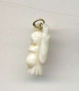 Vintage carved OX BONE charm LAUGHING BUDDHA with HANDS up 3 D  