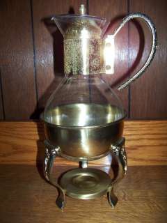 PYREX ? glass & gold metal decanter carafe coffee pot pourer warmer 