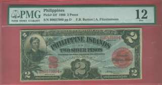 PHILIPPINES 1906 TWO PESO SILVER CERT. P 32f PMG F 12  