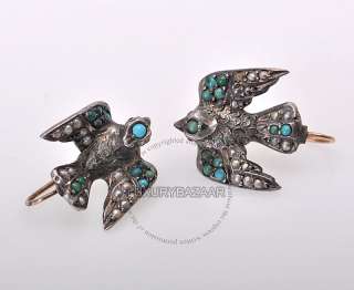 Estate Gold Silver Turquoise Victorian Bird Earrings  