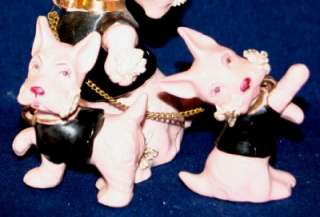 Vintage Pink Scotty Dog Chained Trio Figurines Japan  