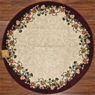 Round Kitchen Rug Floral Flowers Burgundy Ivory Green Washable Rugs 