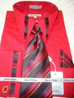 Mens Daniel Ellissa Red Black French Cuff Dress Shirt Tie Hanky 