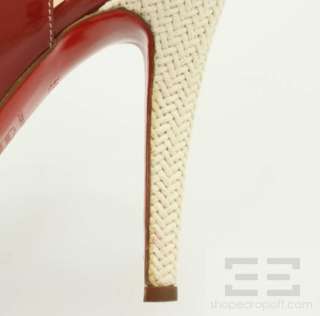   Louboutin Red Patent Leather & Woven Canvas Slingback Heels Size 36.5