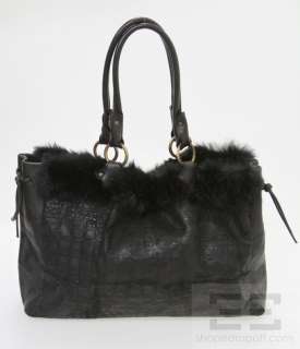 Claudia Firenze Black Embossed Leather Rabbit Fur Lined Handbag  