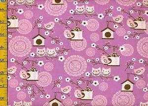yd FLANNEL Pink White Brown Birds & Owls on Lavender BTY  