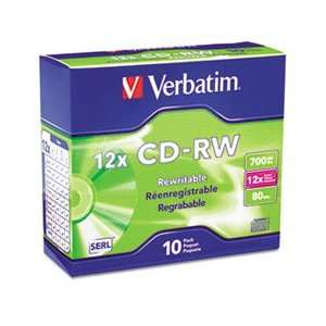 CD RW Discs, 700MB/80min, 12x, w/Slim Jewel Cases, Silver, 10/Pack 