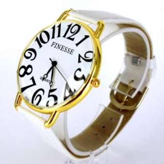 Big White Face Number Band Leather White Bracelet Watch Gold Tone USA 