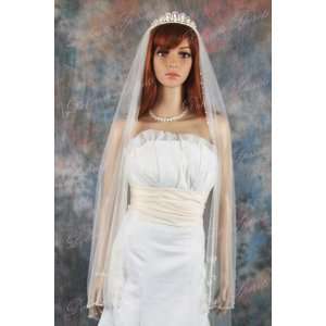  1T White Waltz Beaded Motif Bridal Wedding Veil Beauty