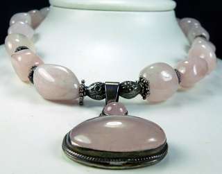 Antique Chunky STERLING Rose Quartz Semi Precious Gemstone Necklace w 