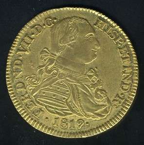COLOMBIA SPAIN COLONIAL 1819P FM POPAYAN 8 ESCUDOS DOUBLING GOLD COIN 