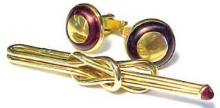 Vintage Swank Cufflinks and Tie Clip Set; Red and Gold  