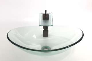 Oval Clear Glass Vessel Sink, Oil Rubbed Bronze Square Waterfall 