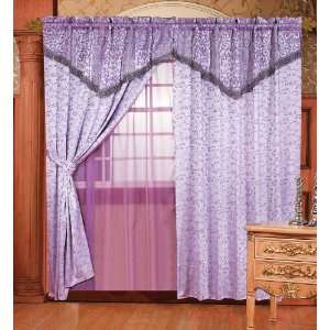 Light Purple Jacquard Floral Window Curtain / Drape Set with Sheer 