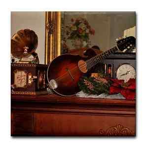 TILE COASTER ~ Christmas Mandolin on Fireplace Mantel, Poinsetta 