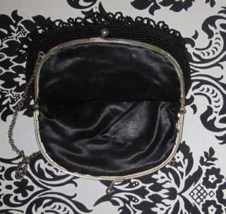 Vintage BLACK GLASS BEADED Eveniing Bag/Purse w Fringe~EXCL  