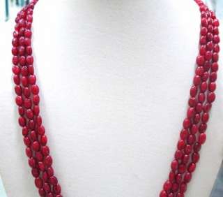 Red Ruby Gemstone 3strands Natural Oval Beads Necklace  