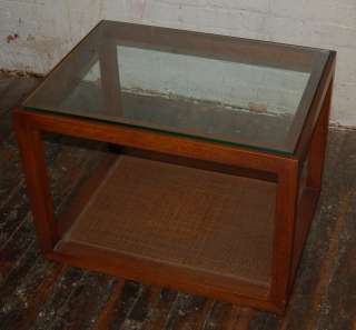 Glass Top Walnut Cube End Table Caning Milo Mid Century Vintage Knoll 