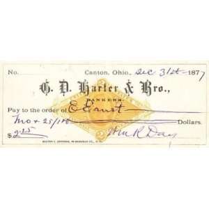 William R. Day Hand Signed 1877 Bank Check Jsa Coa  Sports 