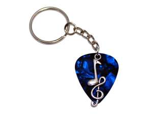 Blue Fender GUITAR PICK Silver Music Note & Treble Clef Charm Key Ring 