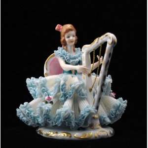    Lady Playing Harp German Dresden Lace Figurine