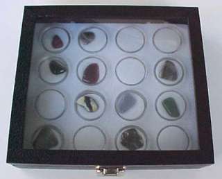   DISPLAY CASE WITH A GLASS LID AND INCLUDES 16 WHITE MEDIUM GEM JARS