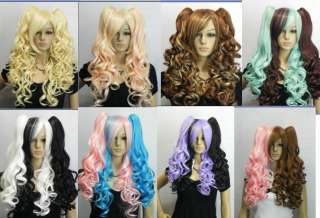     color mixed long curly cosplay split  type wig + pigtail+wigs cap