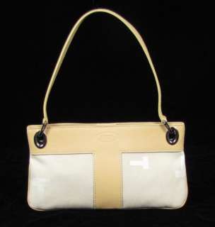 Tods Beige Leather Tan Canvas T Pattern Logo Shoulder Bag Handbag 
