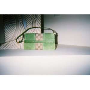 Authenic Gucci monogram green suede wristlet handbag 