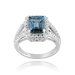925 Silver 3.4ct Emerald Cut London Blue Topaz & Diamond Accent Ring 