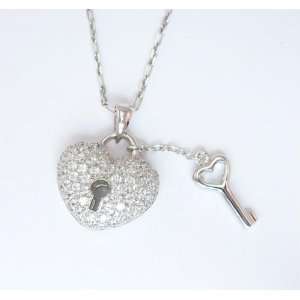 Sterling Silver Pendant with Cubic Zirconia in Heart Shaped Key Lock 