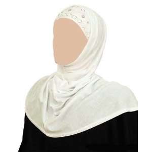   Ivory 2 Piece Long Al Amira Hijab with Beadwork Trim 