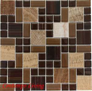 Dark Brown Marble Mosaic Tile mixed w Crystal Glass  