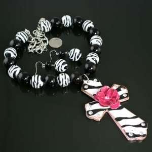  Zebra Print Cowgirl Cross with Rose and Bling Necklace 