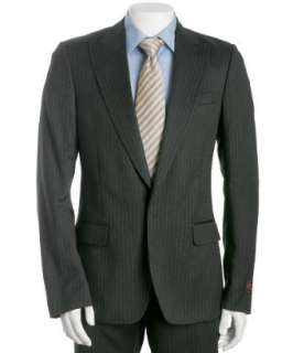 style #211276400 dark grey pinstripe wool 1 button suit with flat 