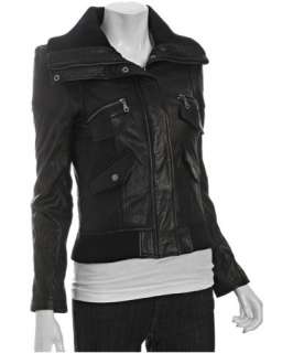 DKNY black leather zip front bomber jacket