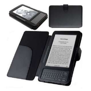BLACK LEATHER SKIN CASE COVER WALLET WITH LIGHT FOR  KINDLE 3 3G 